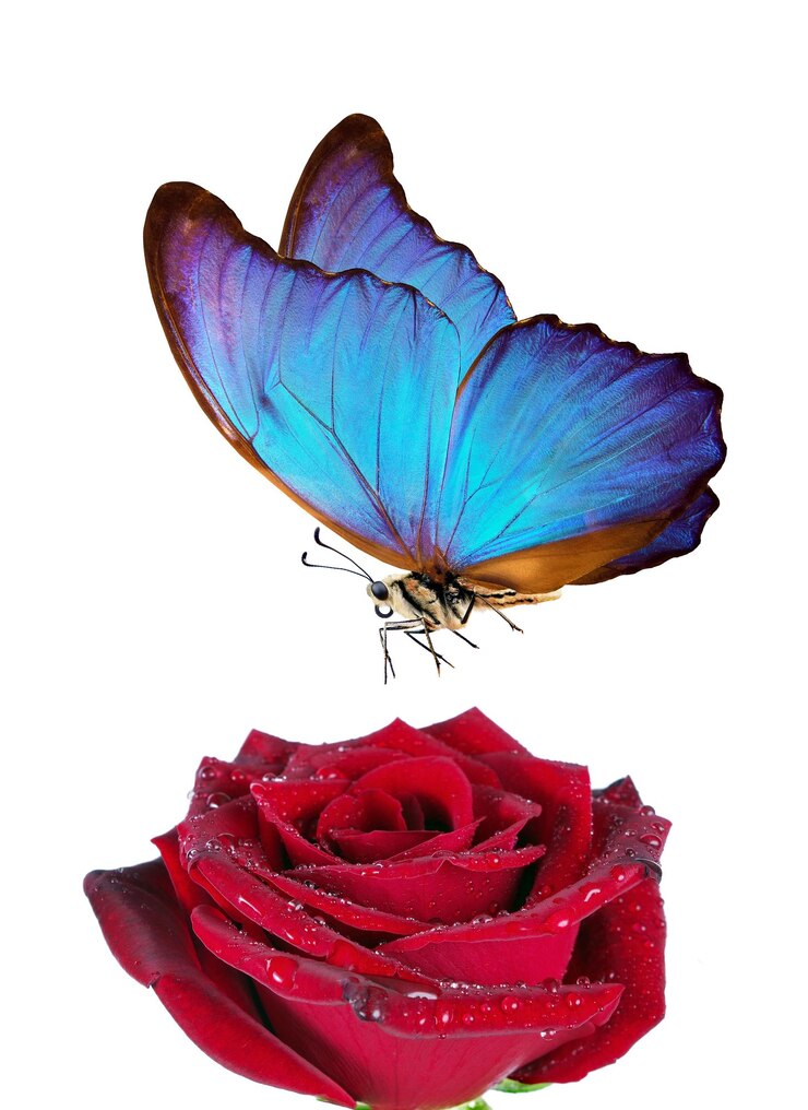 Foto una mariposa está en una rosa roja y tiene una mariposa azul en ella.
