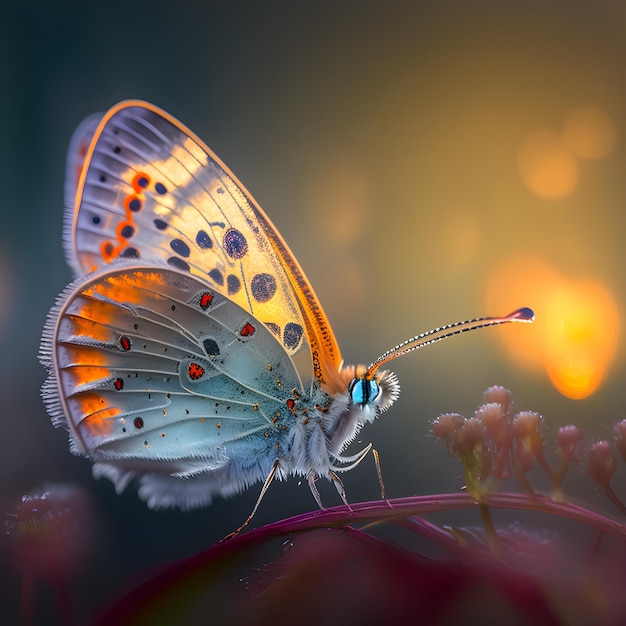 Una mariposa está sentada sobre una flor con un fondo borroso