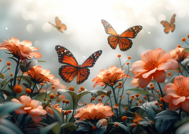 una mariposa está volando sobre algunas flores y el sol está brillando a través