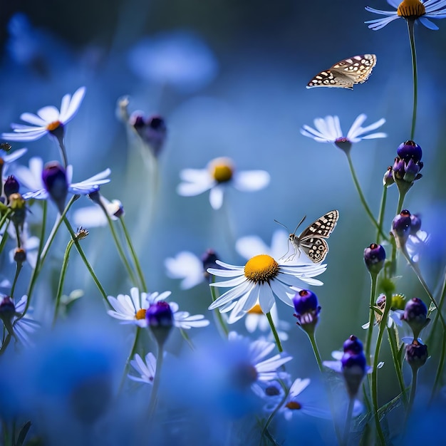 una mariposa está volando sobre una flor con una mariposa en ella