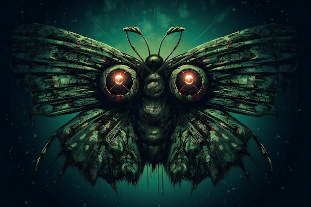 Mariposa de fantasía con ojos y alas sobre un fondo oscuro