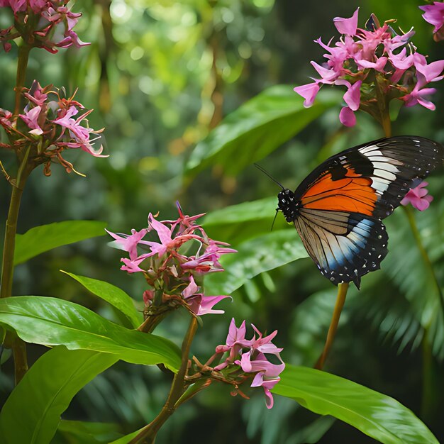 Foto una mariposa está en una flor en el bosque