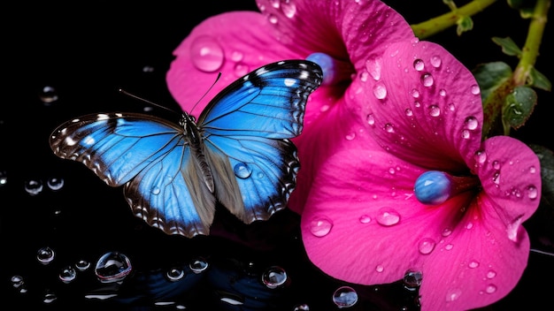 mariposa y flor con gotas de agua sobre fondo negro