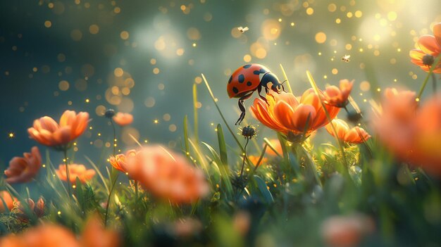 La mariposa en una flor bajo una luz mágica