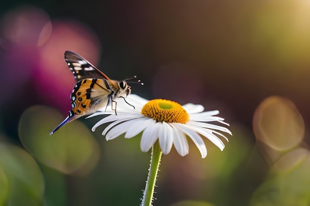 Una mariposa en una flor con una mariposa en el fondo