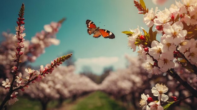 Foto mariposa con flor de melocotón en el árbol la flor de melacón es el símbolo de las vacaciones de tet del año nuevo lunar en vietnam