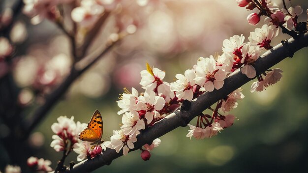 Foto mariposa con flor de melocotón en el árbol la flor de melacón es el símbolo de las vacaciones de tet del año nuevo lunar en vietnam