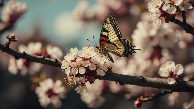 Foto mariposa con flor de melocotón en el árbol la flor de melacón es el símbolo de las vacaciones de tet del año nuevo lunar en vietnam