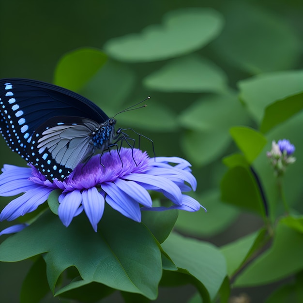 Una mariposa en una flor morada con la palabra mariposa en ella.