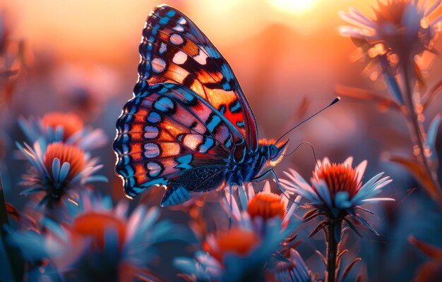 Foto mariposa en flor en el prado al atardecer una mariposa en la flor