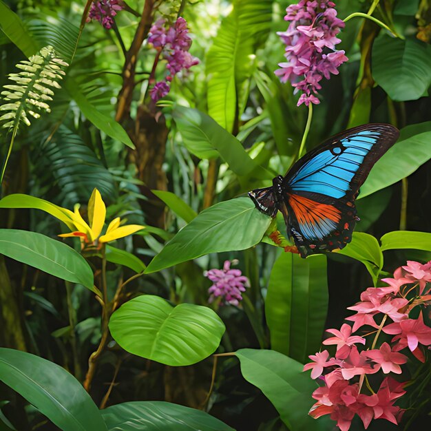 Foto una mariposa está en una flor en la selva