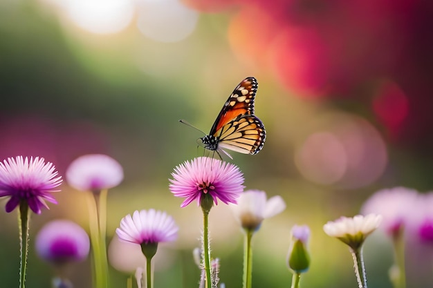 una mariposa en una flor con el sol detrás de ella