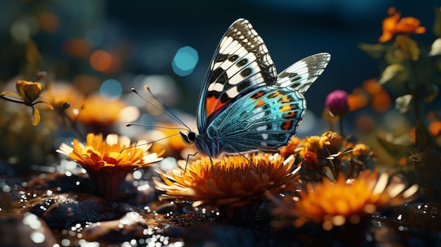 mariposa en la flor y volando alrededor del campo