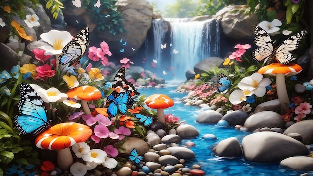 Mariposa con flores coloridas y hongo de cascada en papel tapiz de diseño forestal generado por IA