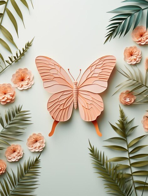 Foto una mariposa con flores y hojas rosadas sobre un fondo gris