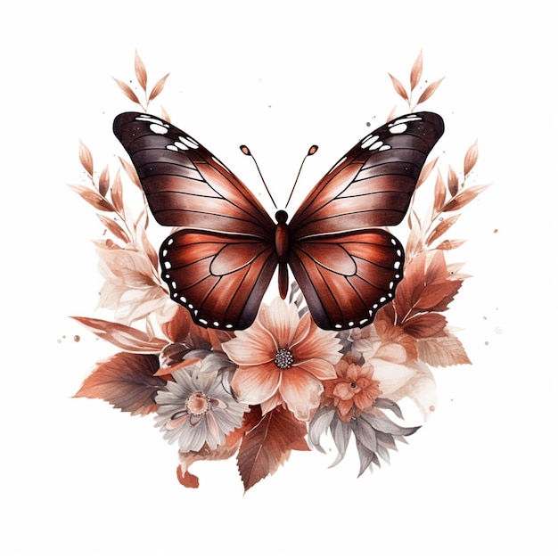 Una mariposa con flores y hojas