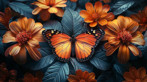 una mariposa con flores de naranja y mariposas en la parte inferior