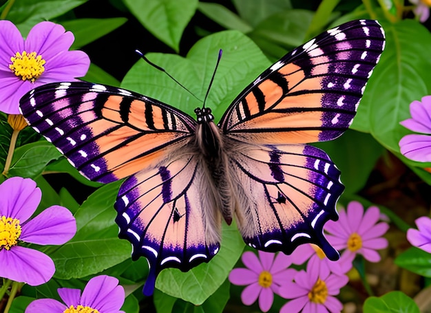 Mariposa con flores púrpuras