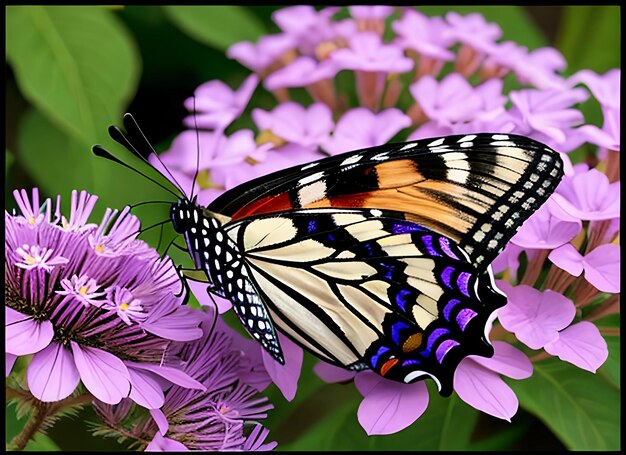 Mariposa con flores púrpuras