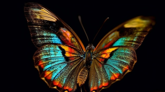 Una mariposa con un fondo negro y una mariposa dorada y azul en las alas.