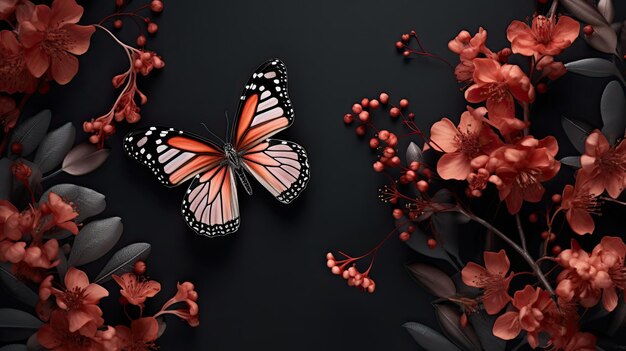 Foto mariposa en un fondo oscuro con flores