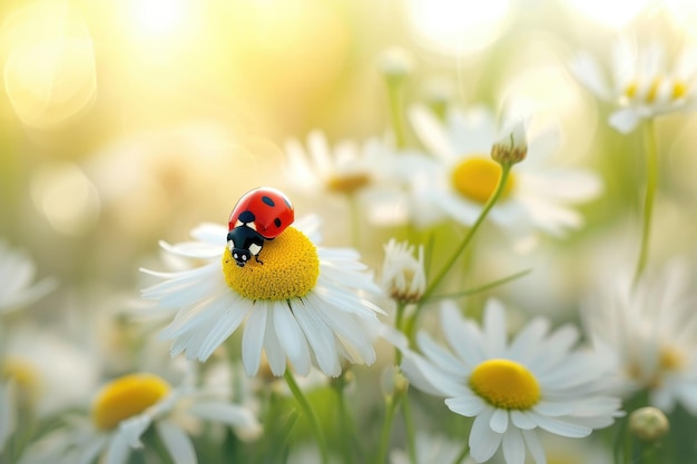 La mariposa en el fondo de la primavera de la flor de la manzanilla