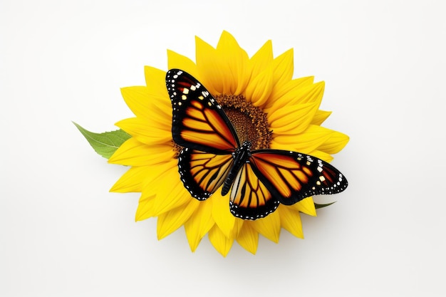 La mariposa en el girasol aislada sobre un fondo blanco