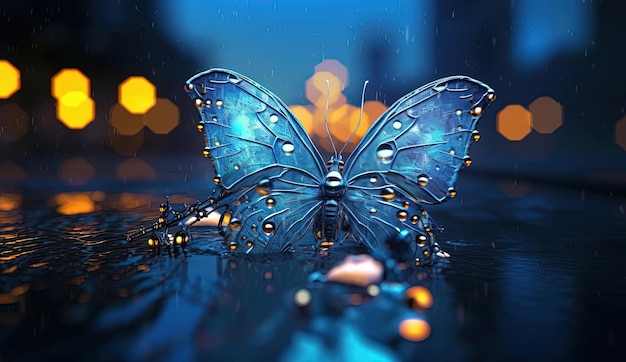 mariposa con gotas de lluvia al estilo de la iconografía ciberpunk surrealista