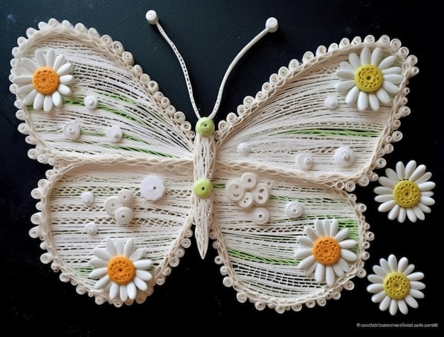 Una mariposa hecha con flores y botones.