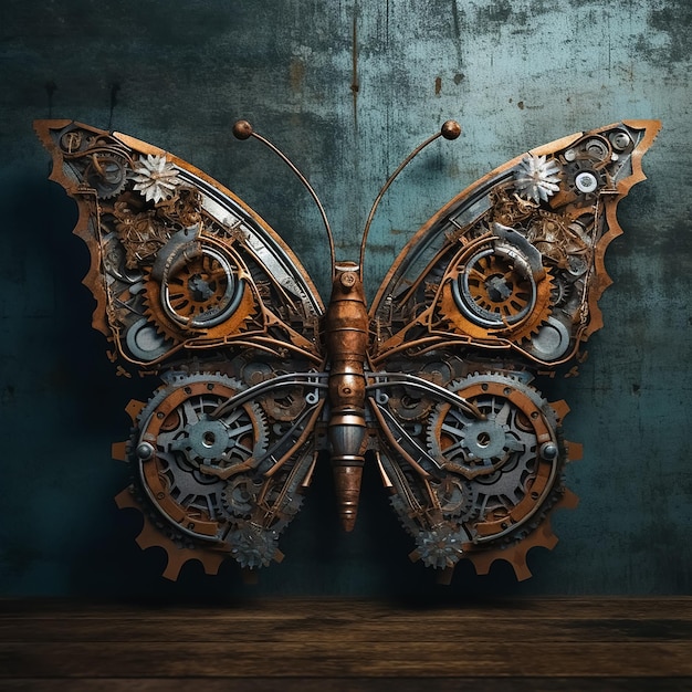 Una mariposa hecha de metal con engranajes