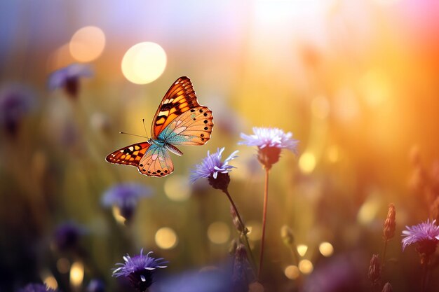 Mariposa entre hermosas flores silvestres