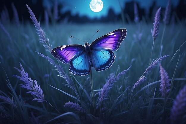 Foto mariposa en la hierba en un prado por la noche en la brillante luz de la luna en la naturaleza en tonos azules y púrpuras macro fabulosa imagen artística mágica de un espacio de copia de sueño