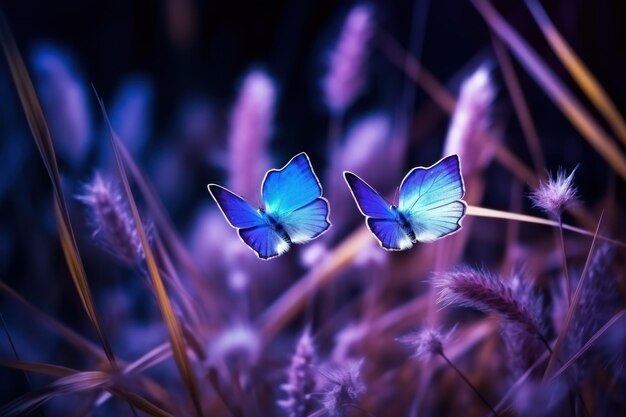 Mariposa en la hierba en un prado por la noche