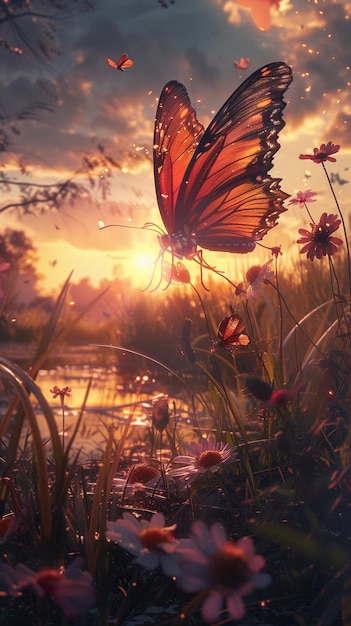 Foto una mariposa está en la hierba y el sol se está poniendo