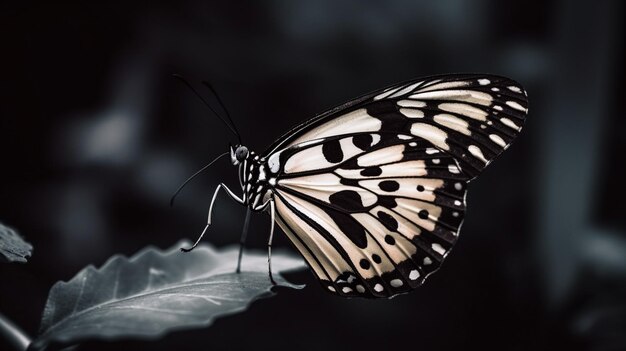 Una mariposa en una hoja con fondo negro.