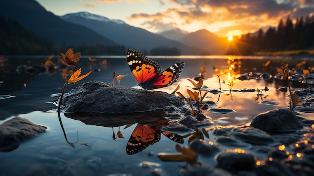 mariposa en una hoja junto a un río claro al atardecer contra un fondo de montaña