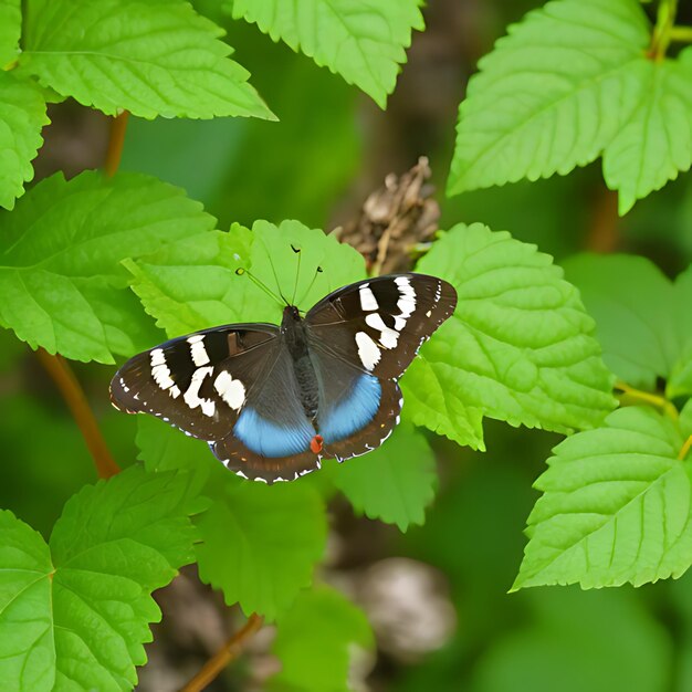 Foto una mariposa está en una hoja con marcas azules y blancas