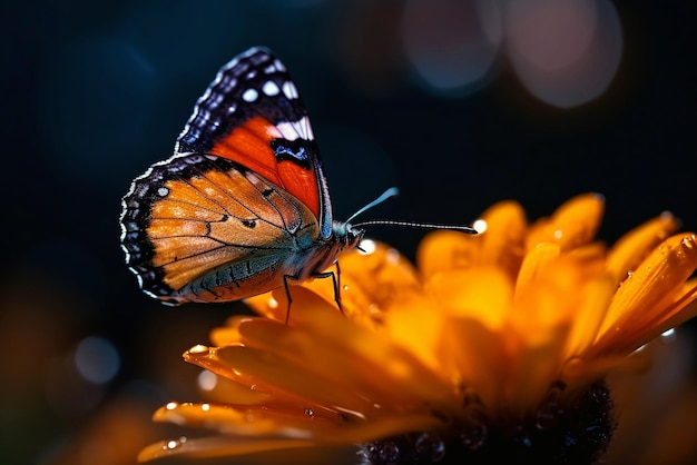 una mariposa y una lente macro de margarita naranja