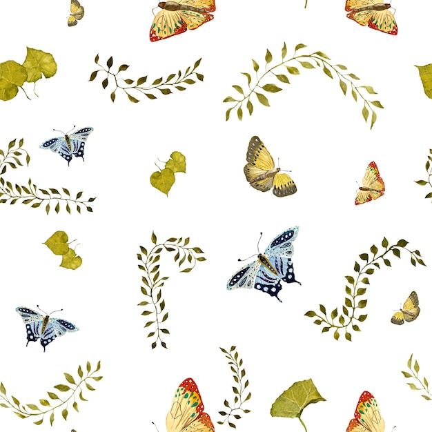 La mariposa Liana deja un patrón lindo. Una ilustración de acuarela. Textura dibujada a mano. Aislado.