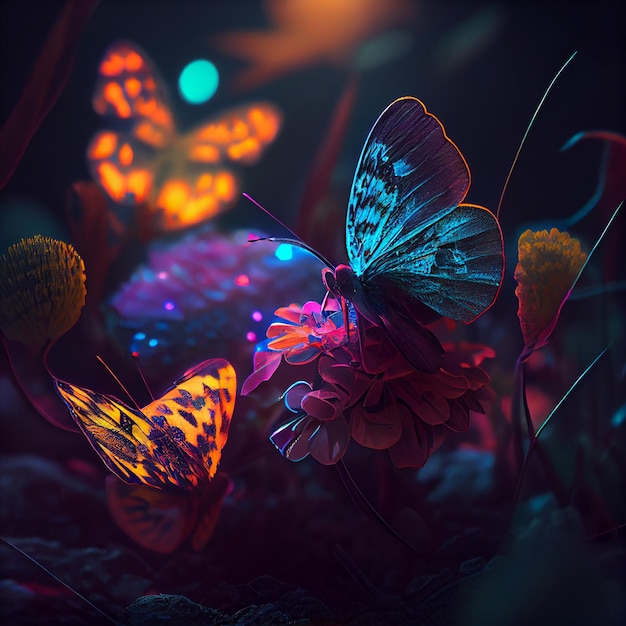 Una mariposa con luces brillantes está rodeada de flores.