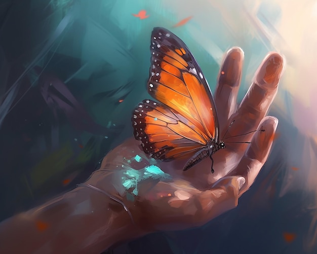 Una mariposa en una mano está siendo sostenida por una mano.