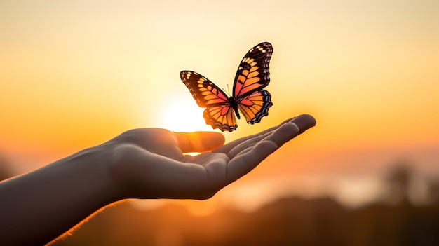 Mariposa en la mano de una mujer durante la puesta del sol