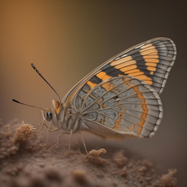 Una mariposa con marcas anaranjadas y negras está sentada sobre un pedazo de tierra.