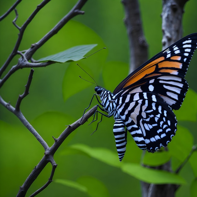 Foto una mariposa con marcas blancas y negras en las alas está en una rama.