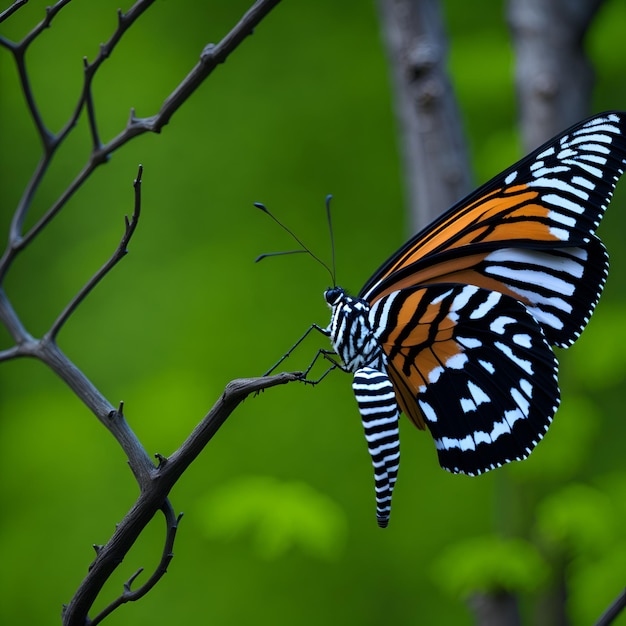 Foto una mariposa con marcas blancas y negras en las alas está en una rama.