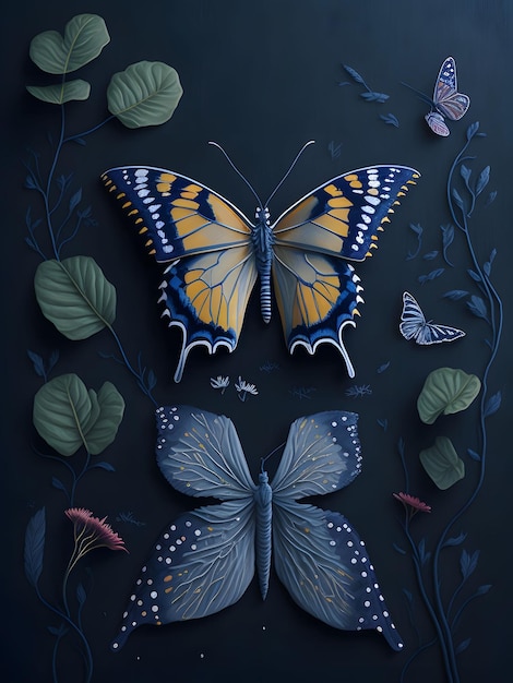 Una mariposa y una mariposa en un fondo oscuro