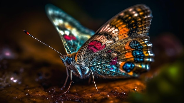 Foto una mariposa con una mariposa roja y azul en sus alas.