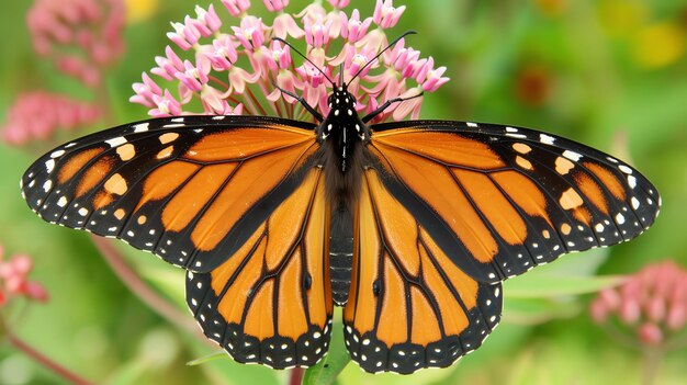 Una mariposa monarca con las alas abiertas en una flor de algodón la mariposa es naranja negra y blanca la flor de albahaca es rosa