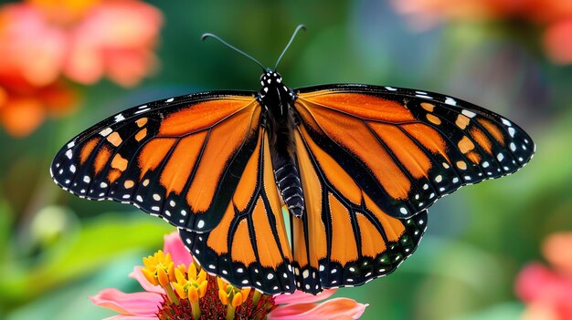 Mariposa monarca con las alas abiertas en una flor La mariposa es naranja negra y blanca La flor es rosada El fondo es verde