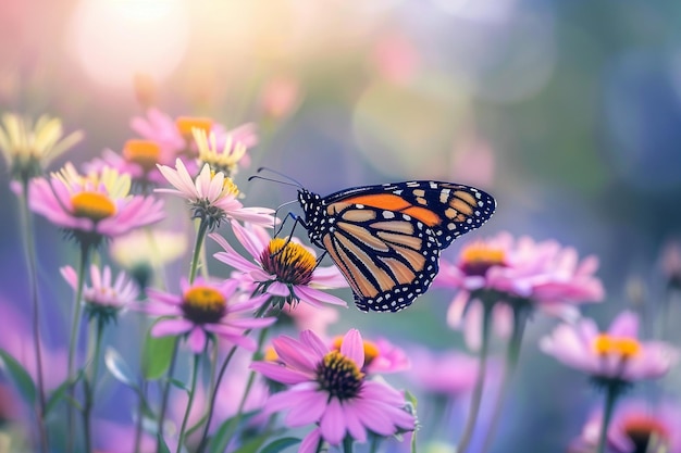 Foto la mariposa monarca se alimenta de un racimo de vibrantes coníferas